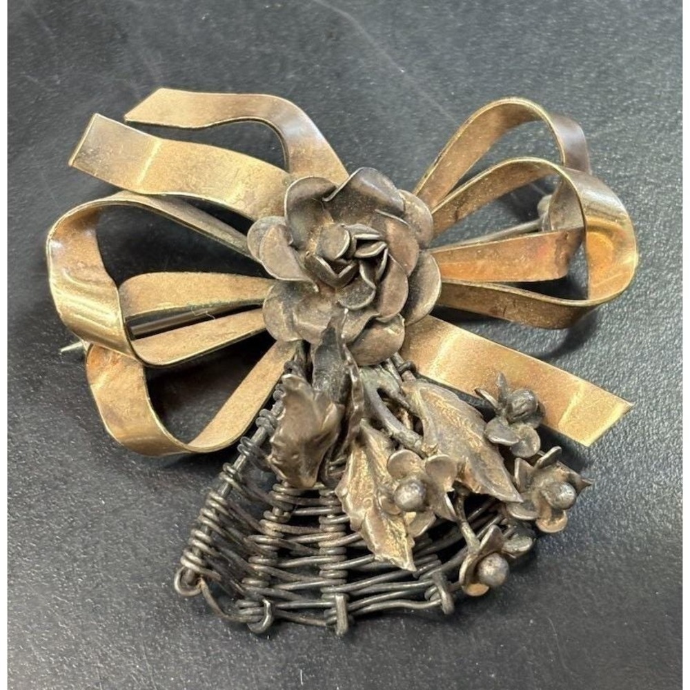 Vintage 40s WWII Hobe Bow Flower Brooch Pin Gold On Sterling Silver Signed